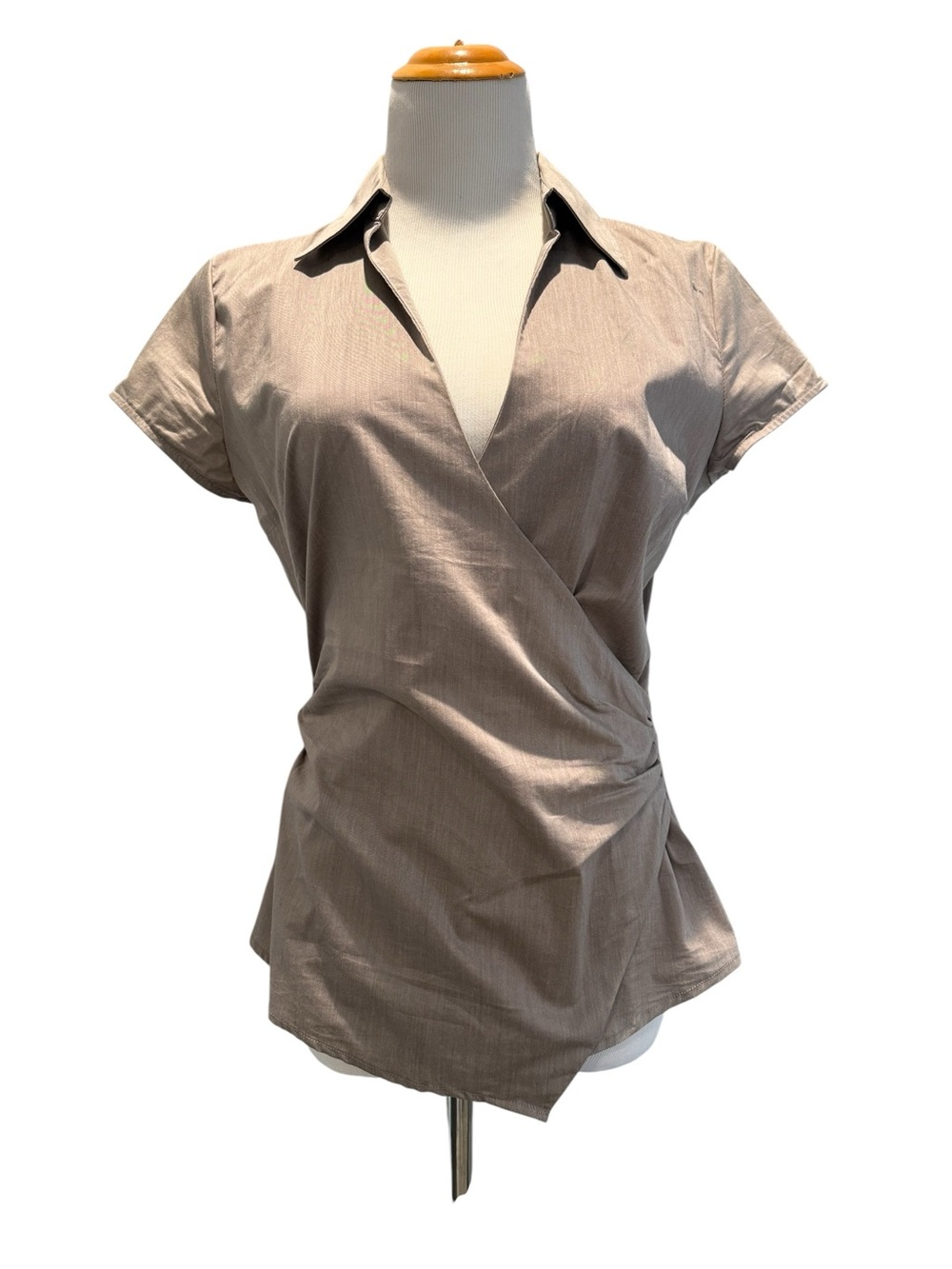 New York & Company Taupe Short-Sleeve Wrap Blouse